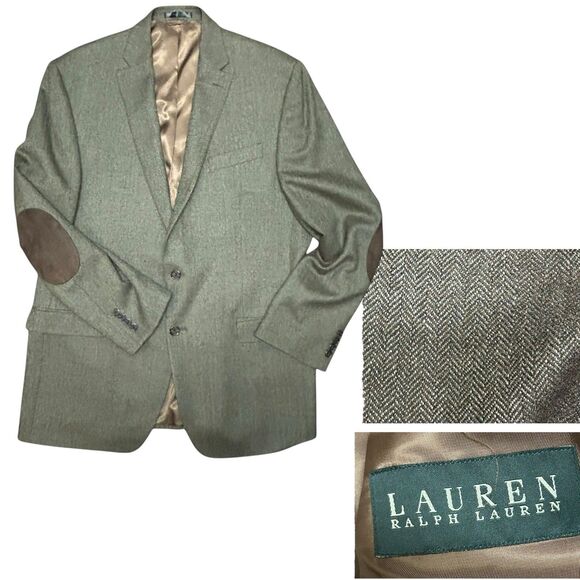 Lauren Ralph Lauren Men’s Wool Blazer Size 44L Elbow Patches Green Herringbone - Picture 1 of 15